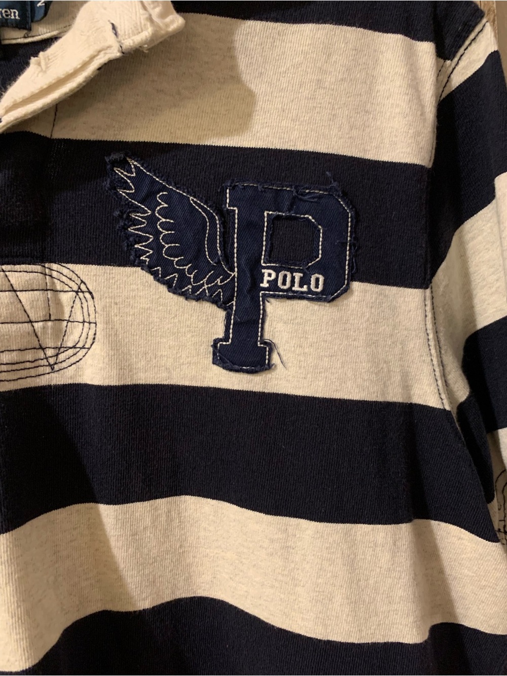 Ralph Lauren Navy & White Striped Rugby Shirt with Embroidered P Patch - Picture 4 of 11